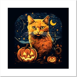 Starry Night Halloween Cat Posters and Art